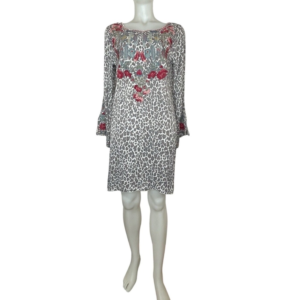 Johnny Was Biya Dress Leopard Embroidered Floral Bell Sleeve Beaded Boho SM